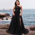 Plus Size Women's Elegant One Shoulder Chic Evening Gown with Leg Slit - Rosymae