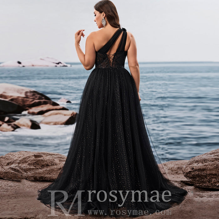 Plus Size Women's Elegant One Shoulder Chic Evening Gown with Leg Slit - Rosymae