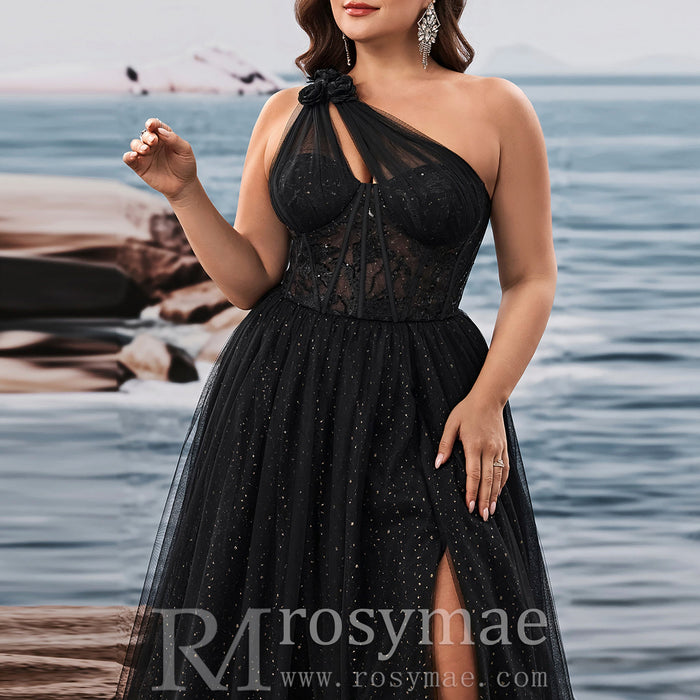 Plus Size Women's Elegant One Shoulder Chic Evening Gown with Leg Slit - Rosymae