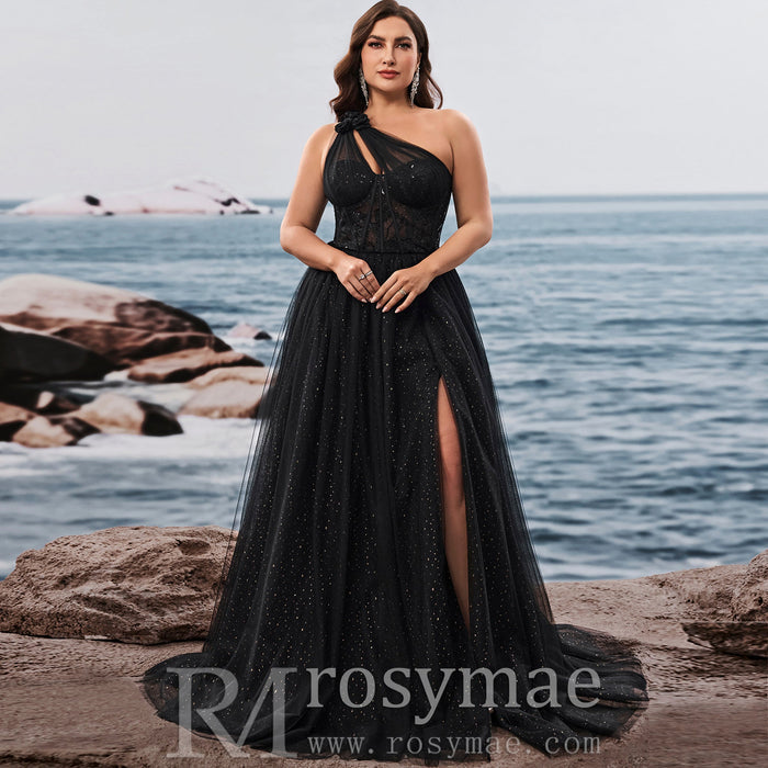 Plus Size Women's Elegant One Shoulder Chic Evening Gown with Leg Slit - Rosymae