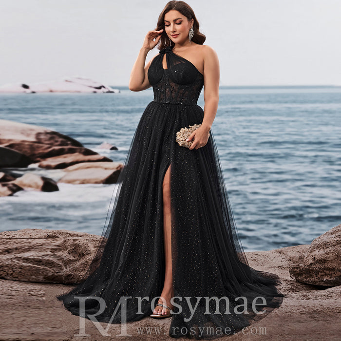 Plus Size Women's Elegant One Shoulder Chic Evening Gown with Leg Slit - Rosymae