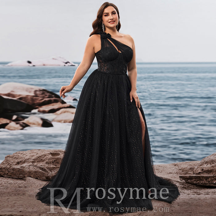 Plus Size Women's Elegant One Shoulder Chic Evening Gown with Leg Slit - Rosymae