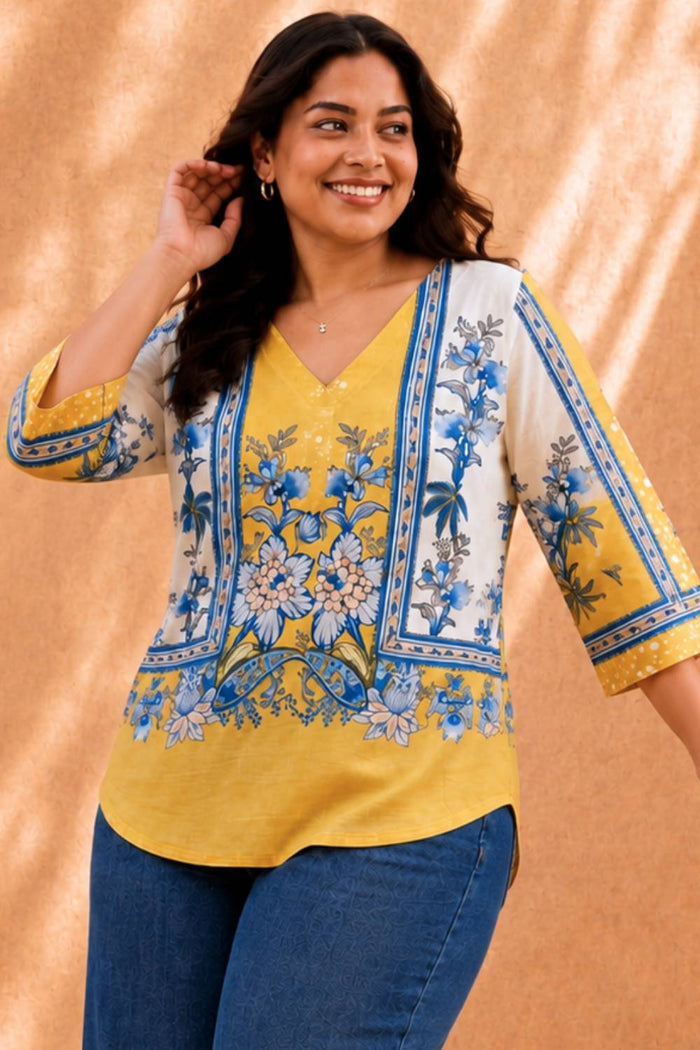 Plus Size Yellow Floral Print Top