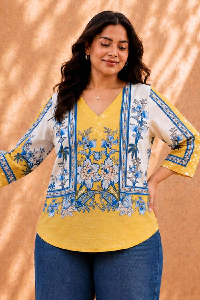 Plus Size Yellow Floral Print Top