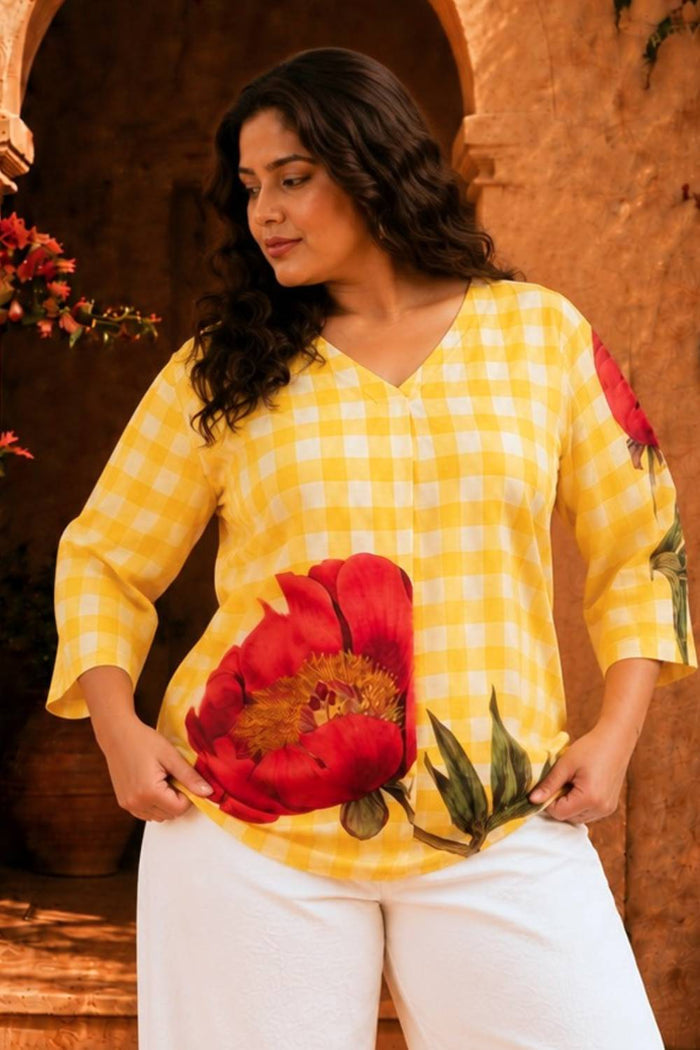Plus Size Yellow Gingham Floral Print Top