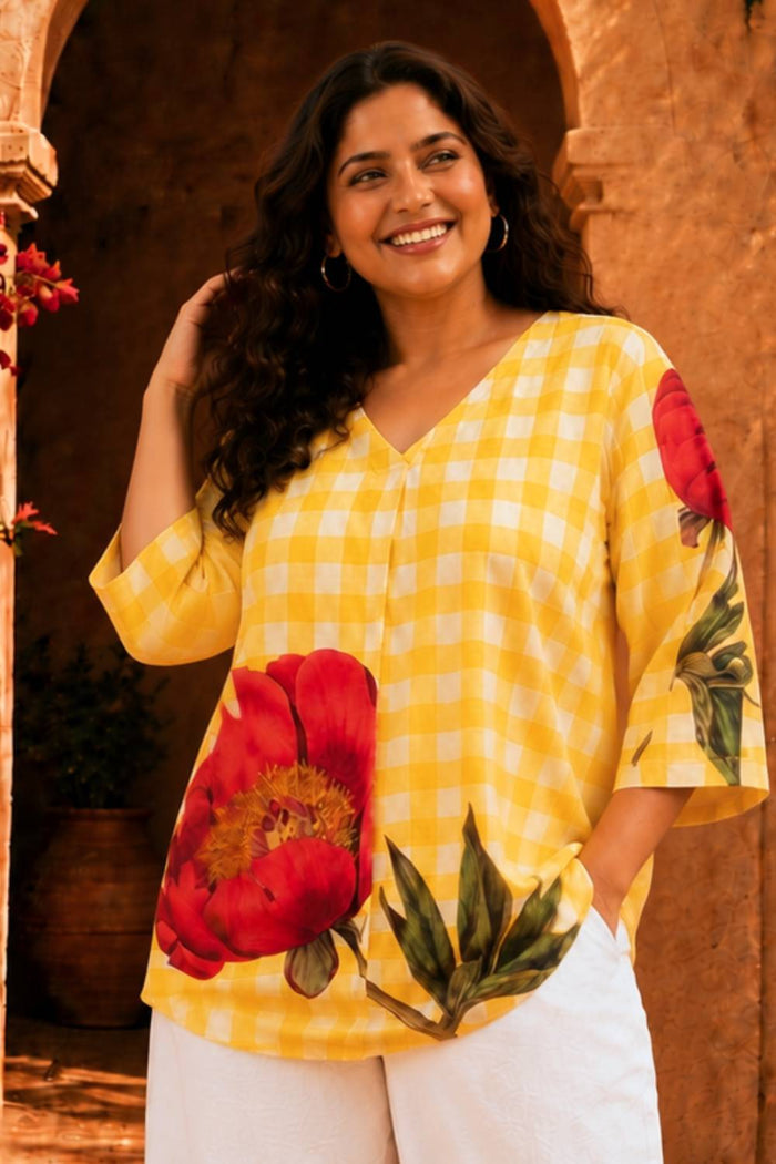 Plus Size Yellow Gingham Floral Print Top