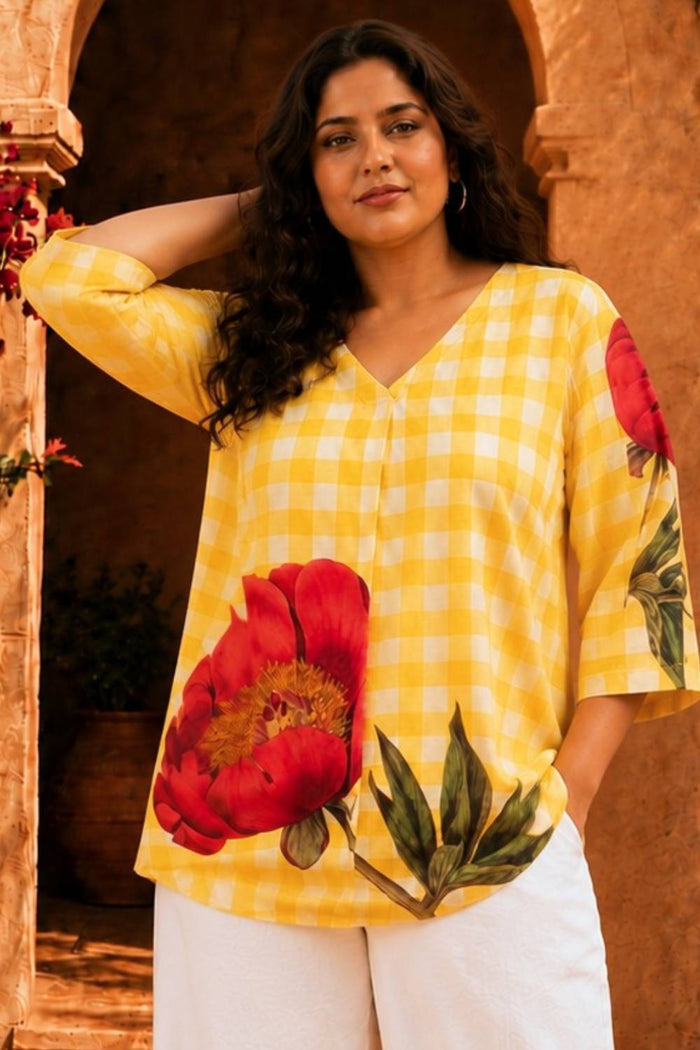 Plus Size Yellow Gingham Floral Print Top
