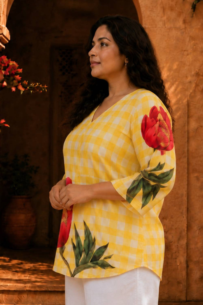 Plus Size Yellow Gingham Floral Print Top