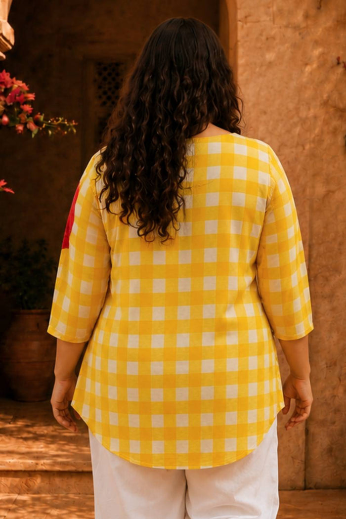 Plus Size Yellow Gingham Floral Print Top
