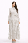 polka-dot chiffon maxi dress with tie-neck and tiered ruffles – ISOLDE