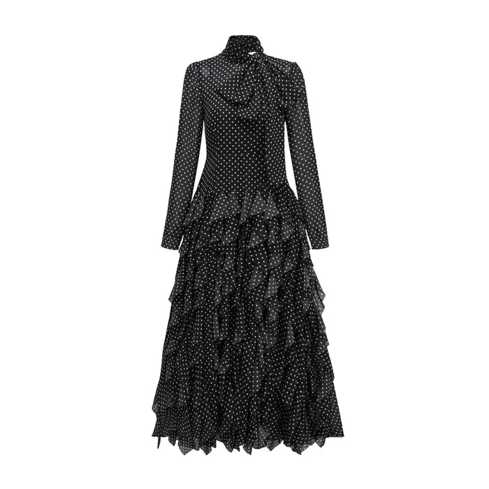polka-dot chiffon maxi dress with tie-neck and tiered ruffles – ISOLDE