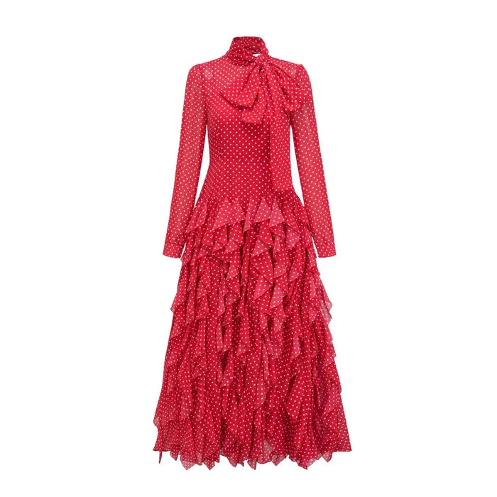 polka-dot chiffon maxi dress with tie-neck and tiered ruffles – ISOLDE
