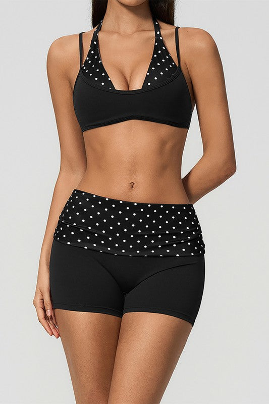 Polka Dot Pilates Set with Halter Top and Fold Over Shorts: Black