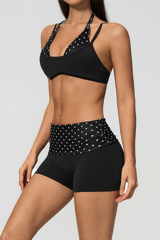 Polka Dot Pilates Set with Halter Top and Fold Over Shorts: Black