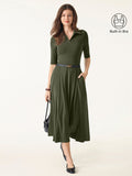 OGLmove Polo Neck Elbow Length Sleeve Midi Bra Dress with Pockets Deep Olive XXS