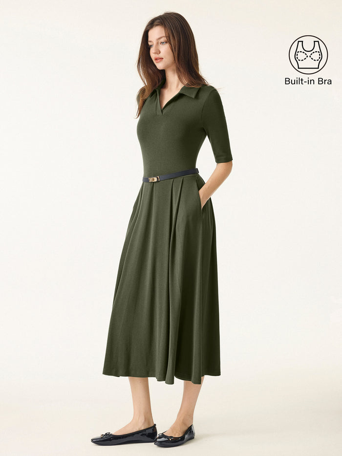 OGLmove Polo Neck Elbow Length Sleeve Midi Bra Dress with Pockets