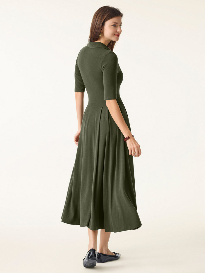 OGLmove Polo Neck Elbow Length Sleeve Midi Bra Dress with Pockets