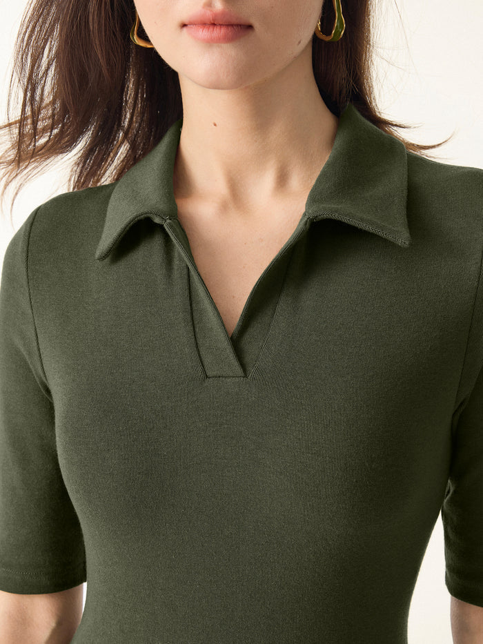 OGLmove Polo Neck Elbow Length Sleeve Midi Bra Dress with Pockets