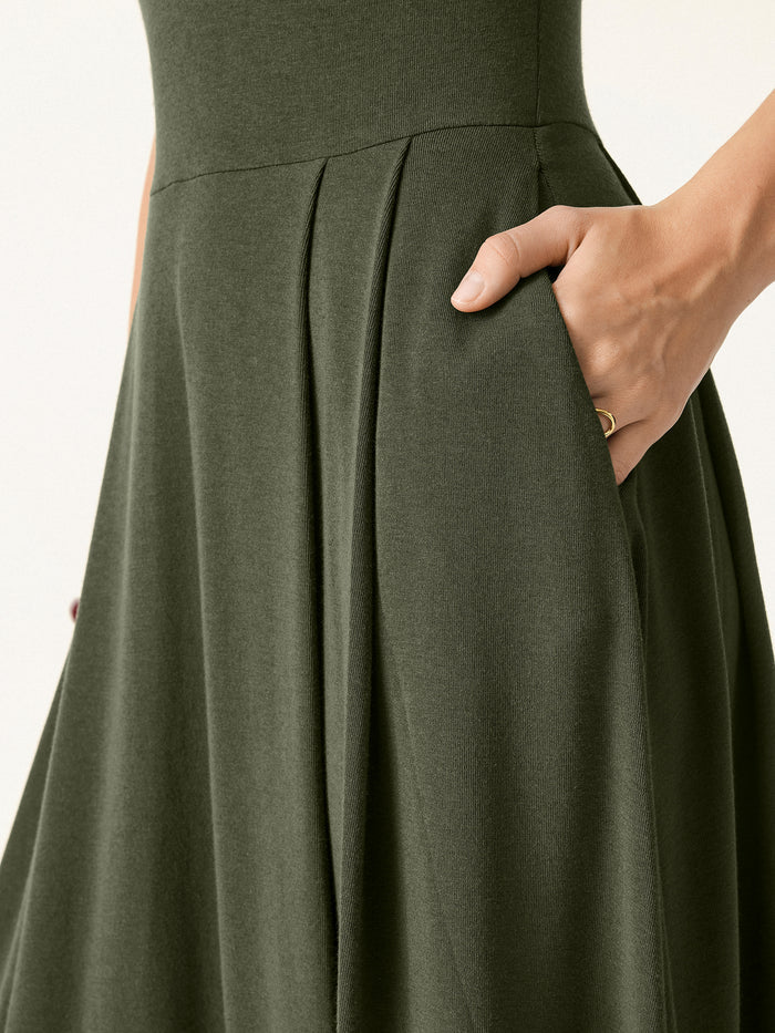 OGLmove Polo Neck Elbow Length Sleeve Midi Bra Dress with Pockets