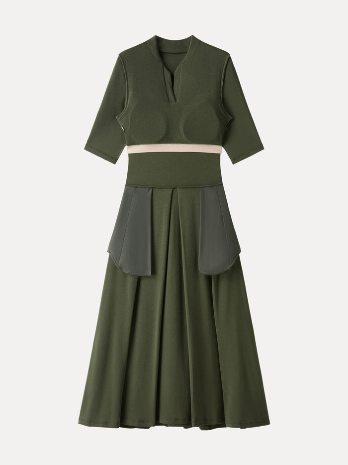 OGLmove Polo Neck Elbow Length Sleeve Midi Bra Dress with Pockets