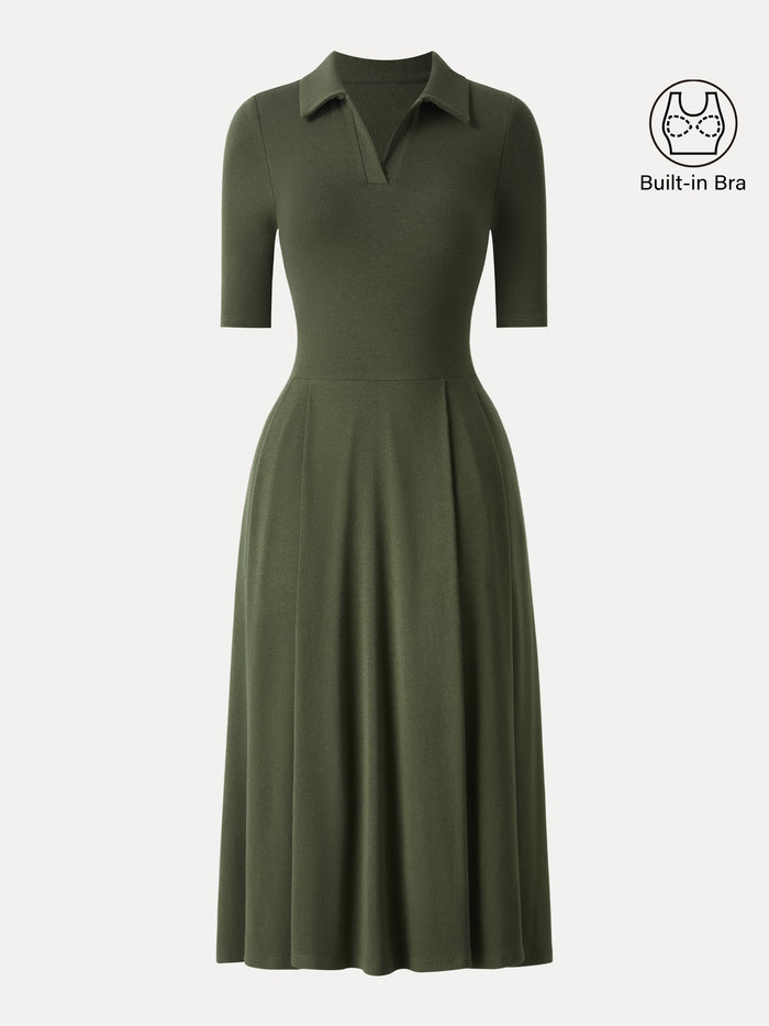 OGLmove Polo Neck Elbow Length Sleeve Midi Bra Dress with Pockets