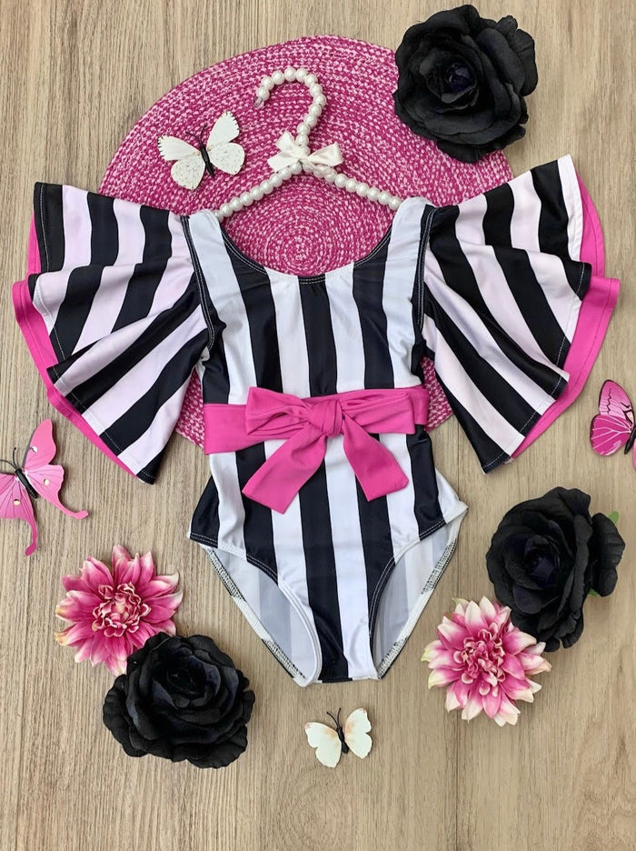 Pop Of Pink Flare Sleeve Striped One Piece Swimsuit Mia Belle Girls