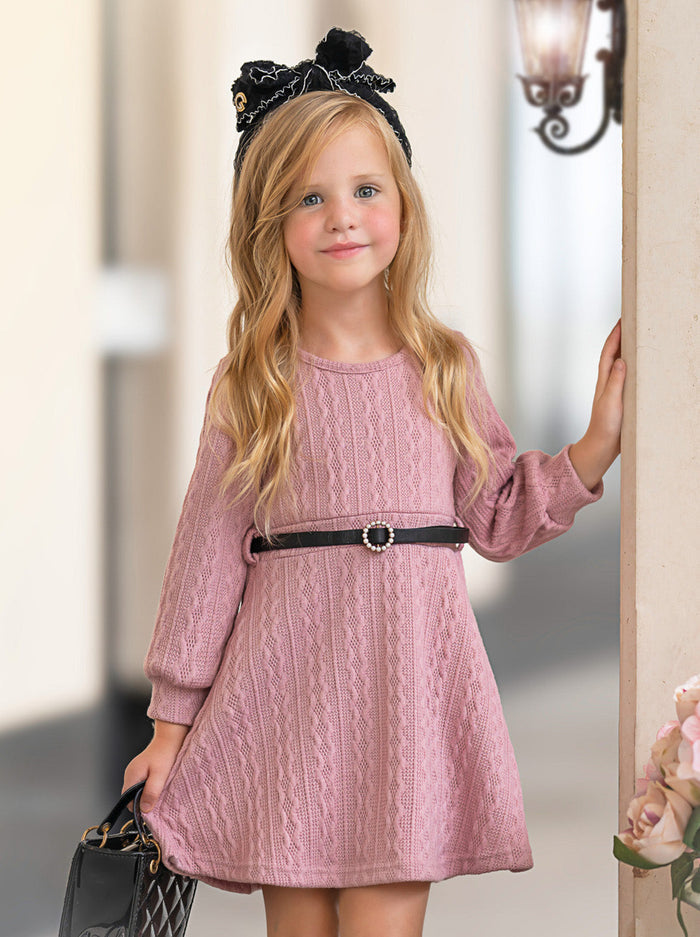 Pretty in Pink Cable Knit Belted Sweater Dress Mia Belle Girls