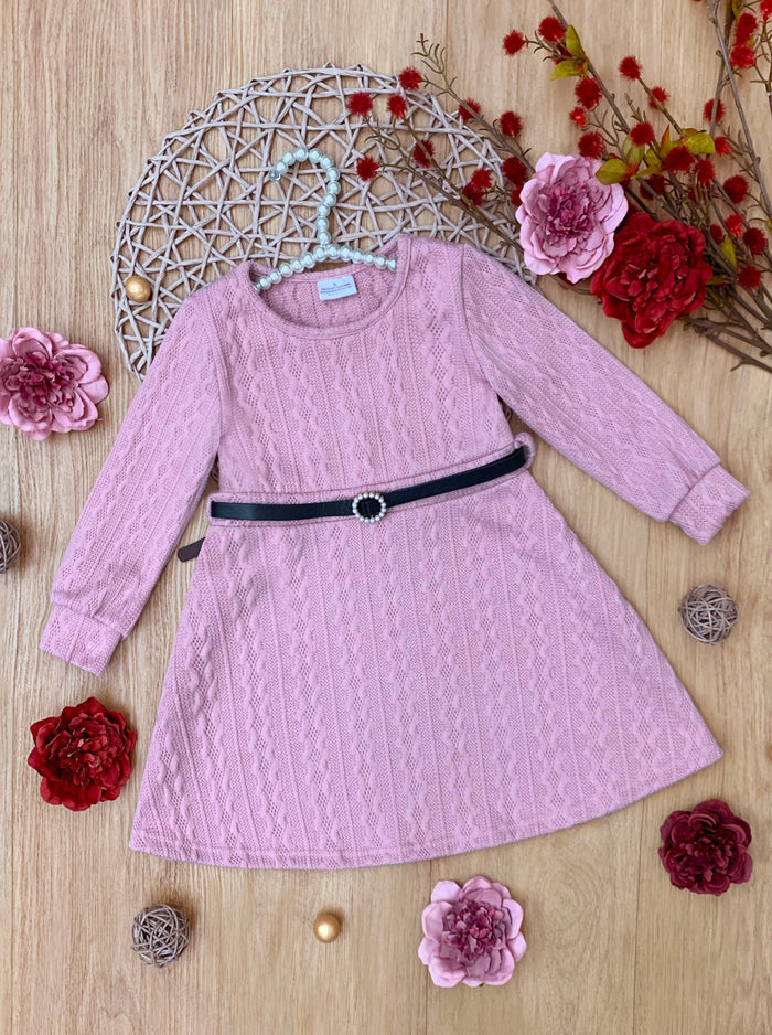 Pretty in Pink Cable Knit Belted Sweater Dress Mia Belle Girls