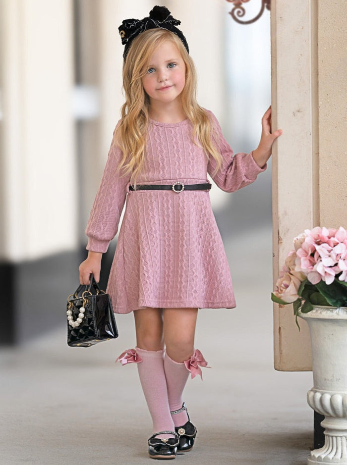 Pretty in Pink Cable Knit Belted Sweater Dress Mia Belle Girls