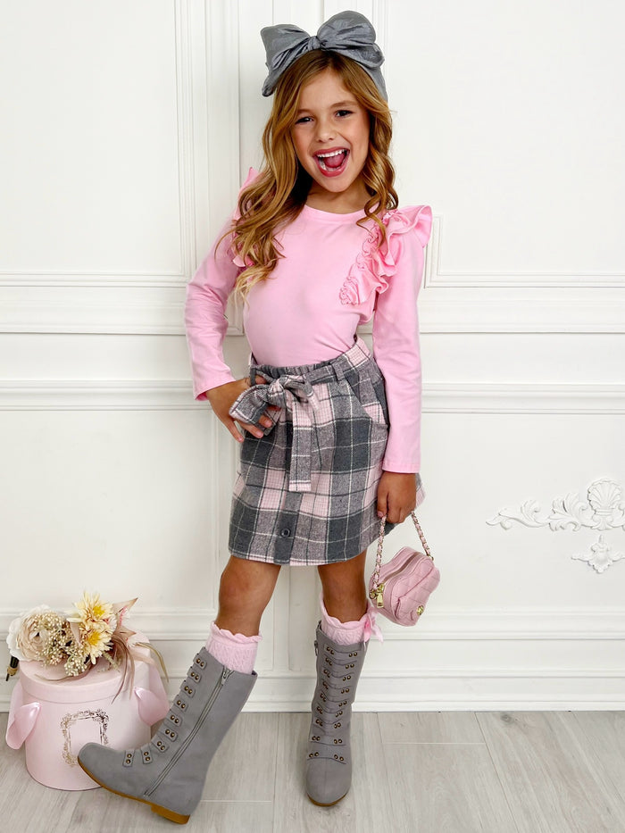 Pretty in Plaid Long Sleeve Top & Fleece Skirt Set Mia Belle Girls