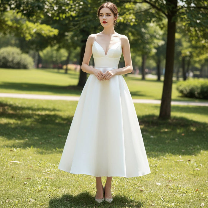 Princess A-line Tea Length Wedding Dress with Spaghetti Straps - Rosymae