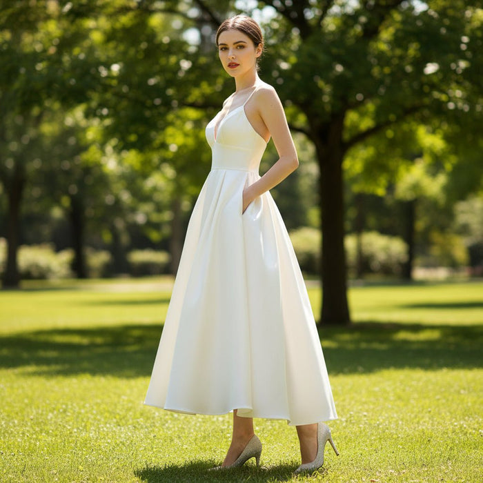 Princess A-line Tea Length Wedding Dress with Spaghetti Straps - Rosymae