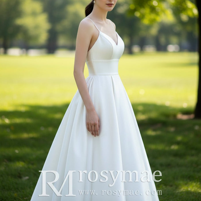 Princess A-line Tea Length Wedding Dress with Spaghetti Straps - Rosymae