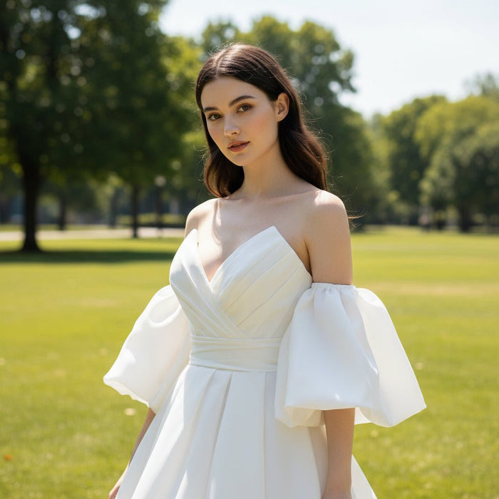 Princess A-line Wedding Dress with Detachable Puff Sleeves - Rosymae