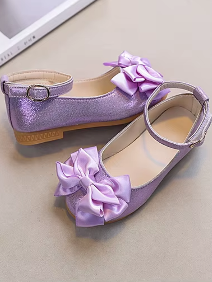purple girls shoes ankle strap bow princess style flats