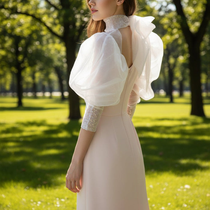 Puffy Lantern Long Sleeve Prom Party Dress with Asymmetrical Neck - Rosymae
