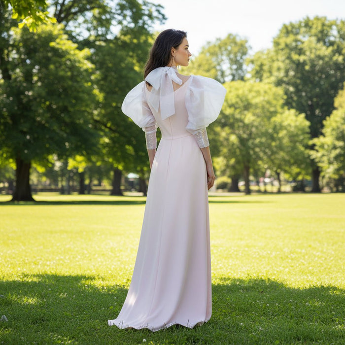 Puffy Lantern Long Sleeve Prom Party Dress with Asymmetrical Neck - Rosymae