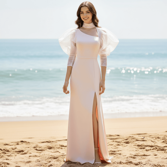 Puffy Lantern Long Sleeve Prom Party Dress with Asymmetrical Neck - Rosymae