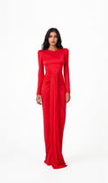 Red Draped Waist Maxi Evening Dress – ELARA