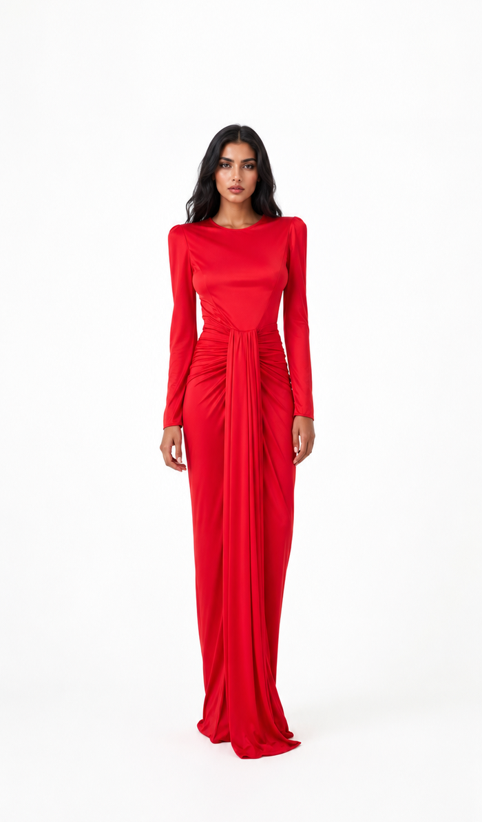 Red Draped Waist Maxi Evening Dress – ELARA