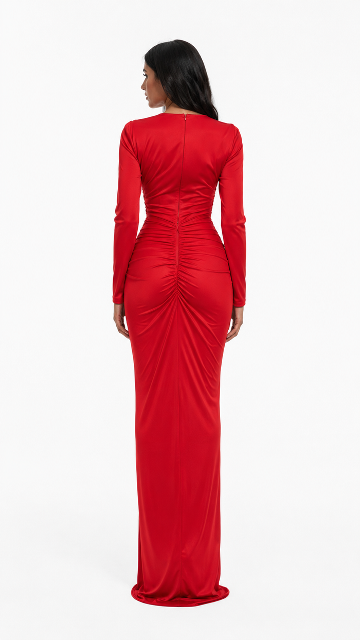 Red Draped Waist Maxi Evening Dress – ELARA