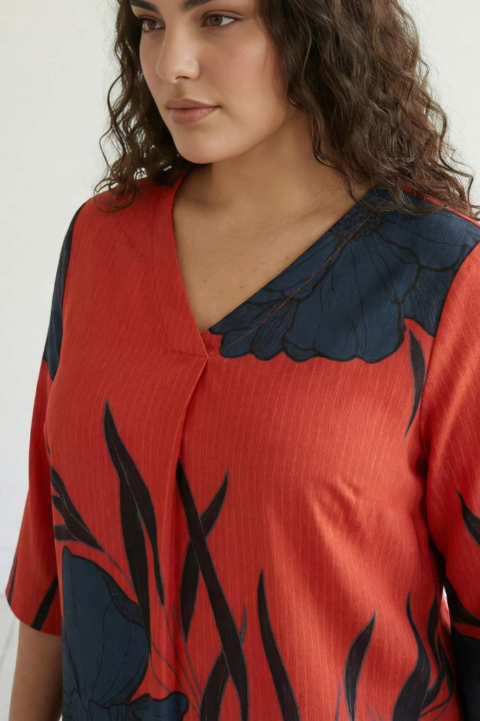 Red Teal Print Plus Size Top