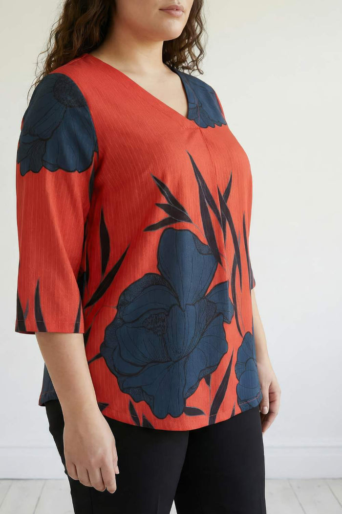 Red Teal Print Plus Size Top