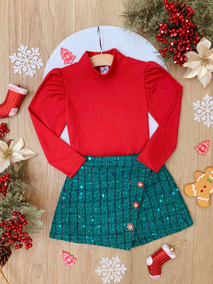 Red Turtleneck Top and Green Tweed Skort Set Mia Belle Girls