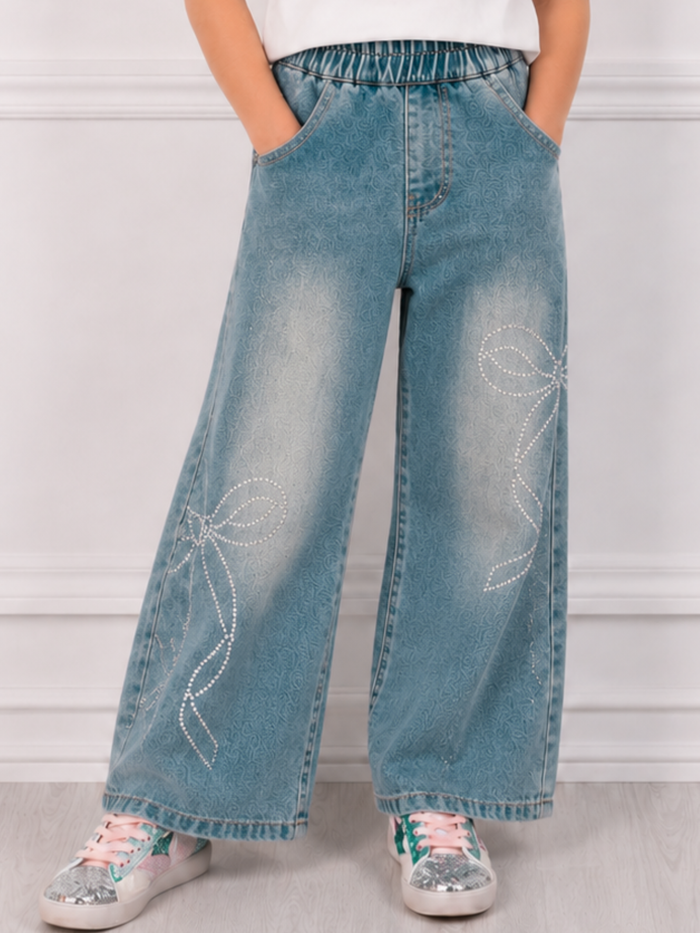 Girls medium wash wide leg denim jeans with crystal bow details