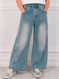Girls medium wash wide leg denim jeans with crystal bow details