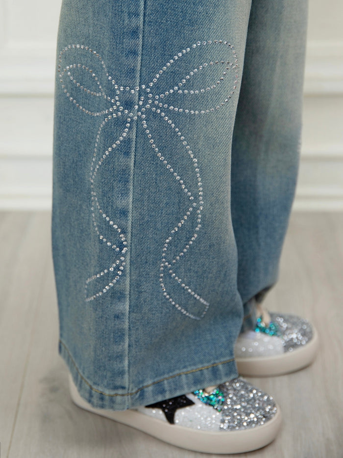 Trendy girls wide leg jeans featuring sparkling crystal bows
