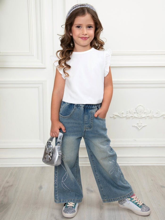 Girls everyday denim jeans with crystal bow embellishments
