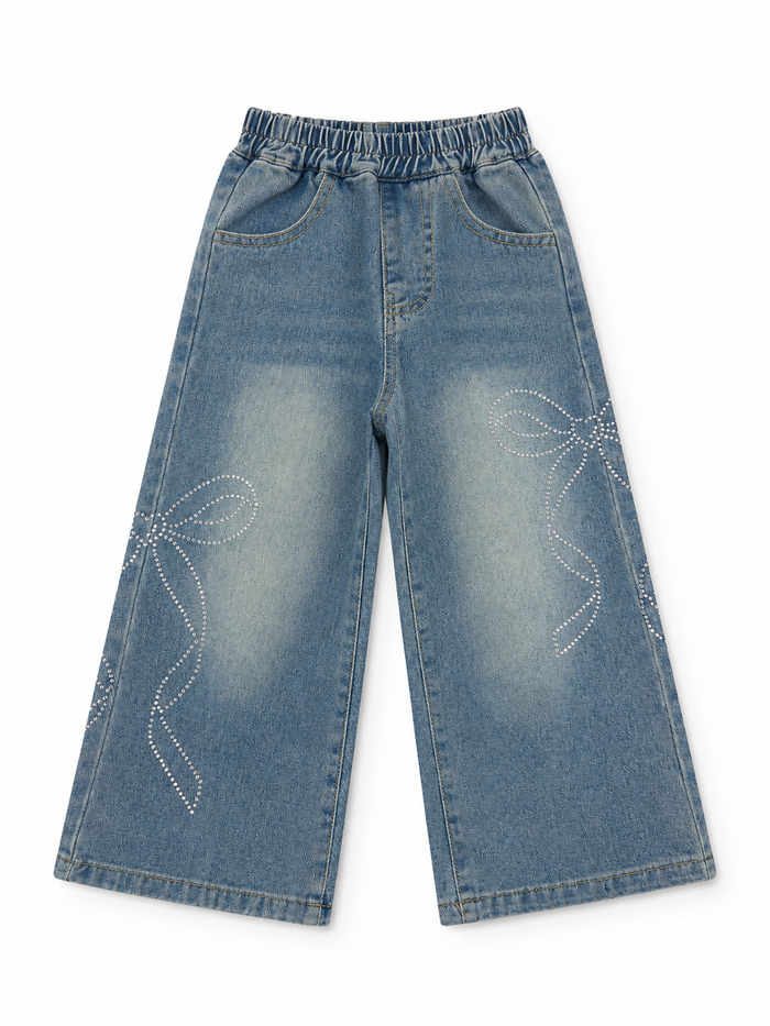 Girls back to school wide leg denim pants with crystal bows