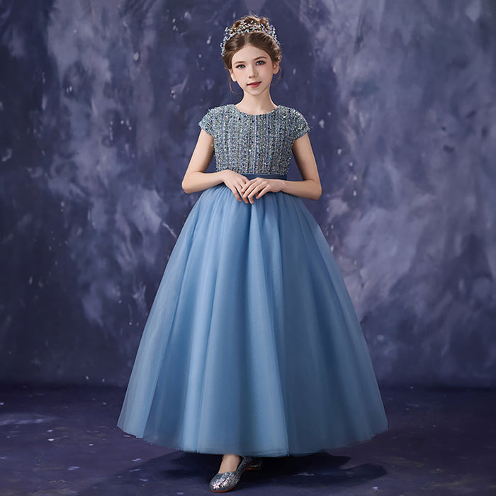 Romantic Dusty Blue Flower Girl Dress with Beaded Sequin Bodice Cap Sleeve Tulle Girls Birthday Gala Dress D356